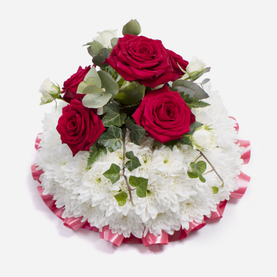 Posy SYM-344 - White Massed Base Posy with Red Rose Spray. 