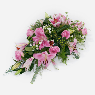 Single Ended Spray (Pink)  - Tasteful pink single ended spray. A beautiful funeral tribute including pink lilies and pink roses. Other colours available upon request.