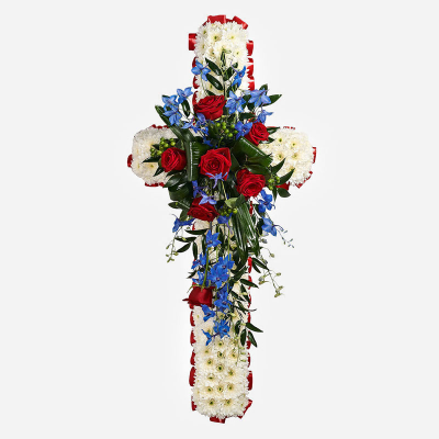 Cross SYM-329 - White Massed 120cm Cross with Red & Blue Spray. 